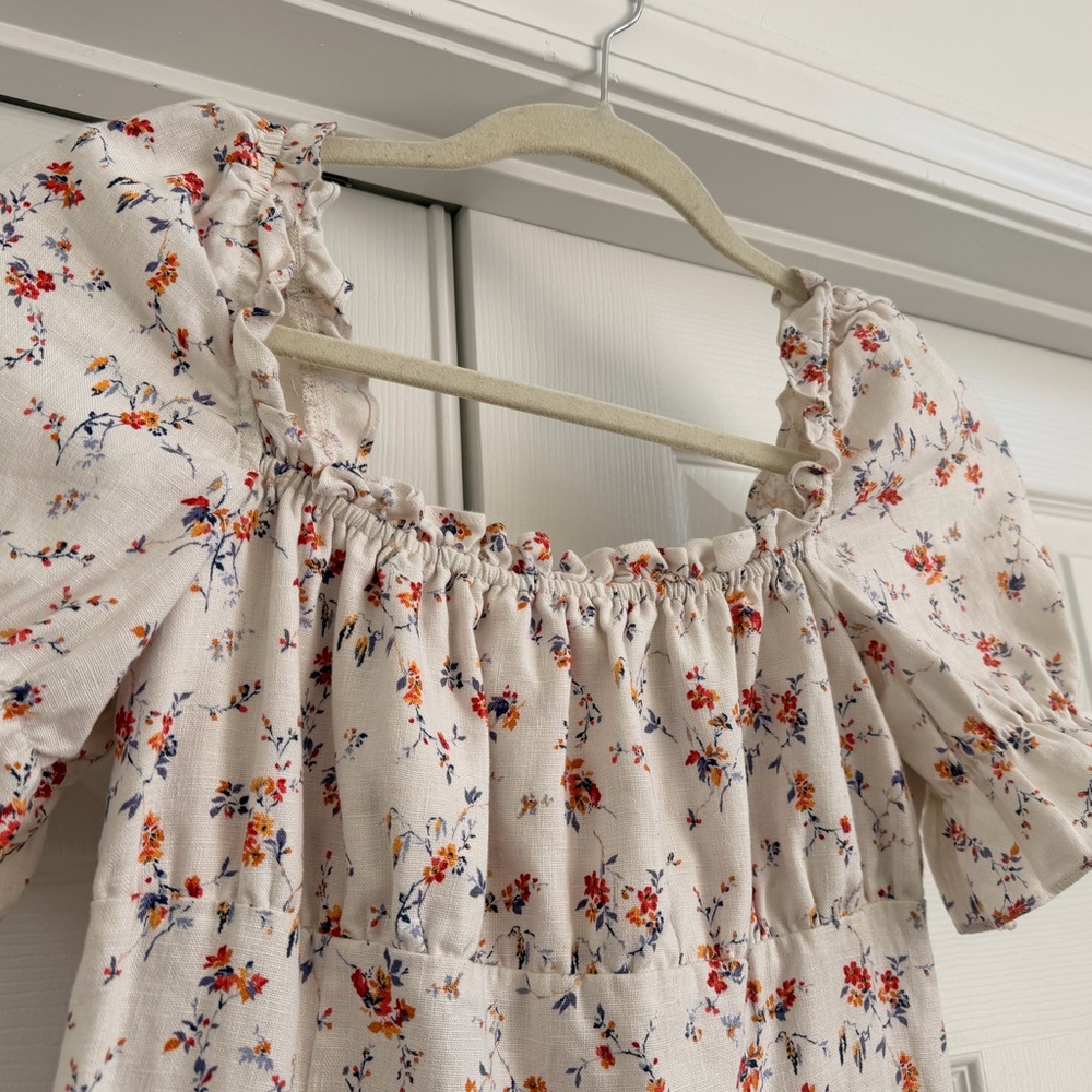 100% linen Reformation White Floral Mini Dress Robles puffed sleeves - Picture 4 of 12